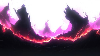 A vibrant, abstract landscape featuring dark formations and glowing lava-like elements.