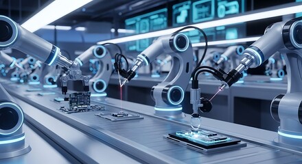 Fototapeta premium Robotic arms in a high-tech manufacturing process utilizing laser technology for precision assembly