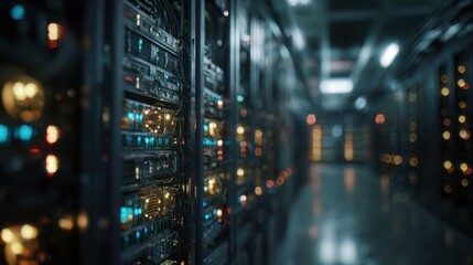 Medium shot showing rows of cryptocurrency mining servers humming in a dimly lit room main server rack clear and detailed others softly out of focus.