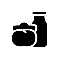 Illustration showing a bottle with a rounded top next to a fruit with a leafy top in simple black and white