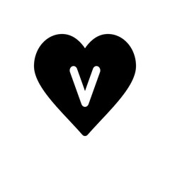 Black heart shape containing a white letter v centered within it on a plain white background design element