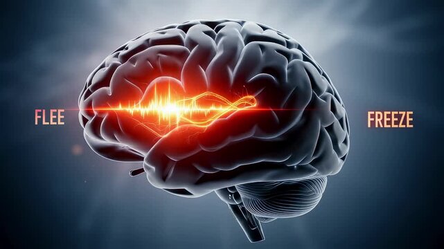 A conceptual illustration of a human brain with highlighted neural pathways depicting the internal conflict between fleeing and freezing responses during moments of fear or danger. - Powered by Adobe