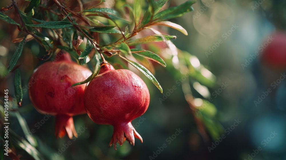 Poster close medium shot capturing a ripe pomegranate cluster with deep red hues in crisp focus surrounded 