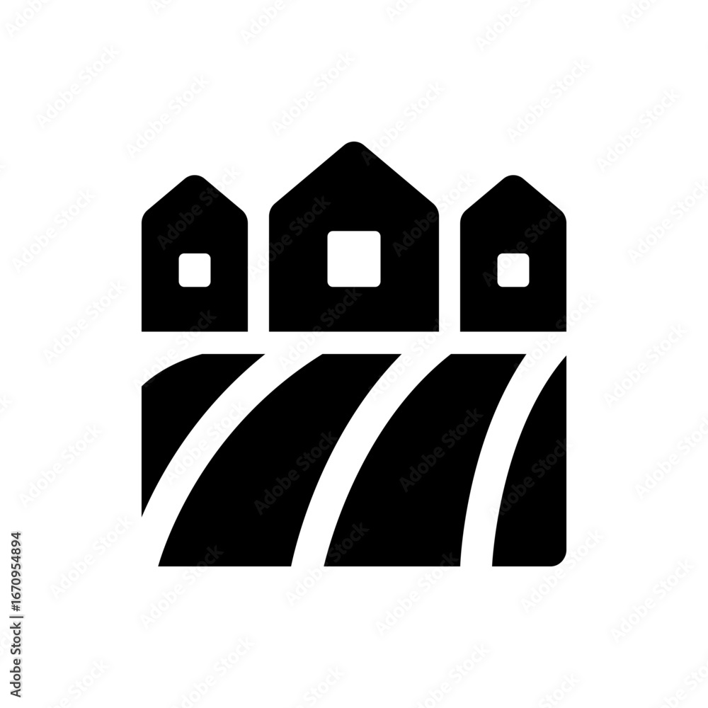 Poster illustration of three simple house structures above a field with white lines in black and white styl