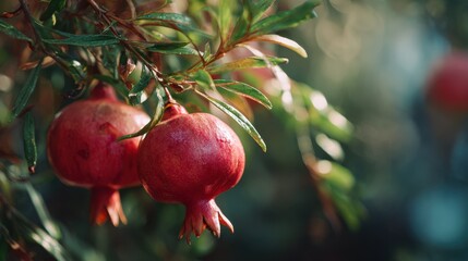 Close medium shot capturing a ripe pomegranate cluster with deep red hues in crisp focus surrounded by softly blurred garden greenery and subtle QR audio tags explaining the fruits