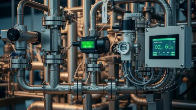 Detailed view of piping and instrumentation on a carbonneutral ammonia synthesis reactor skid highlighting efficient flow control and emissions reduction components.