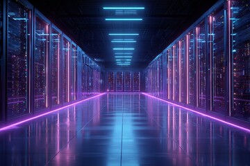 Surreal expansive futuristic data center with rows of glowing server racks, blue and purple neon lights, immersive cyberpunk vibe, clean and professional design