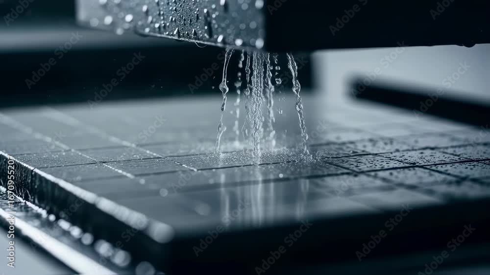 Poster macro view of fine water droplets spraying on heatresistant tiles during automated trimming capturin