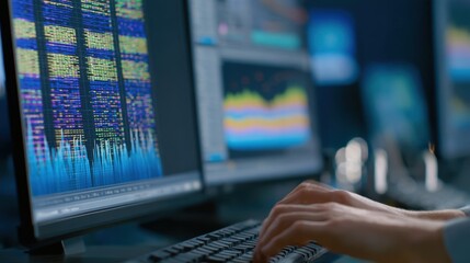 Medium shot of typing hands entering sequencing data into a pipeline system with blurred monitors showing complex bioinformatics graphs behind.