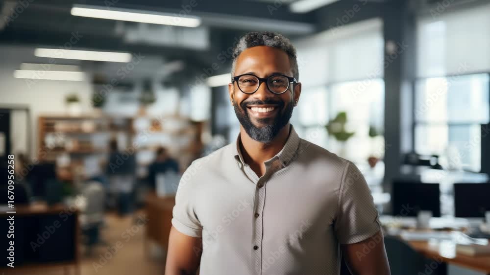 Poster a smiling office worker in a professional setting with technology and modern workspace environment.