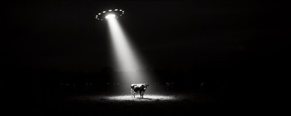 Black and white panoramic image of a cow being abducted by a UFO. Flying saucer shining a light beam on cattle in a field at night.