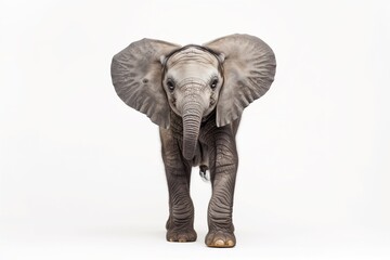 Fototapeta premium Curious baby elephant walking toward camera, white studio background.