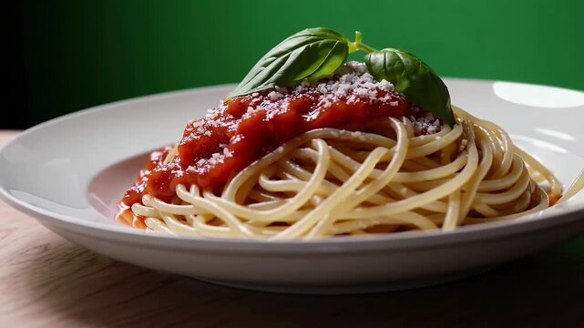 Classic Italian Spaghetti with Tomato Sauce and Fresh Basil Leaves with ai generated