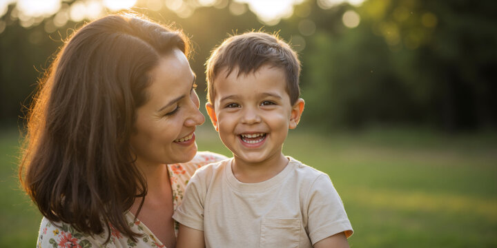 Portrait of a laughing boy with his mother outdoors. Happy child with a wide smile looking at the camera. Motherhood and childhood joy concept.