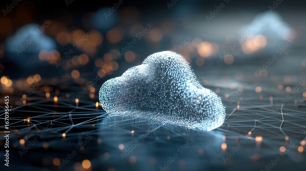 Poster sharp closeup on a stylized cloud server icon layered on blurred digital nodes emphasizing scalabili