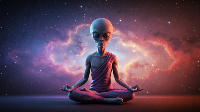 Spiritual alien meditating in front of a colorful nebula. Grey alien in a lotus pose against a cosmic background.