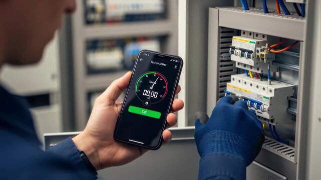 Overtheshoulder shot of maintenance personnel using torque meter app on smartphone to doublecheck breaker screw tightness.