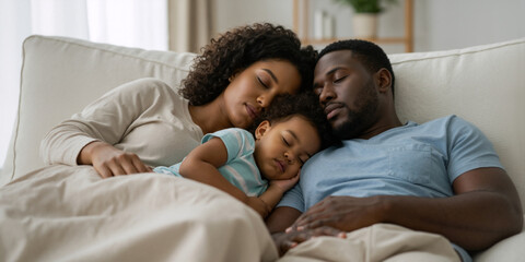 Obraz premium Black family sleeping on the couch. African American parents and their toddler napping together at home.