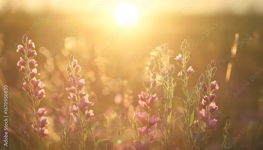 Poster the image shows several flowering plants in a field, illuminated by the warm light of the setting su