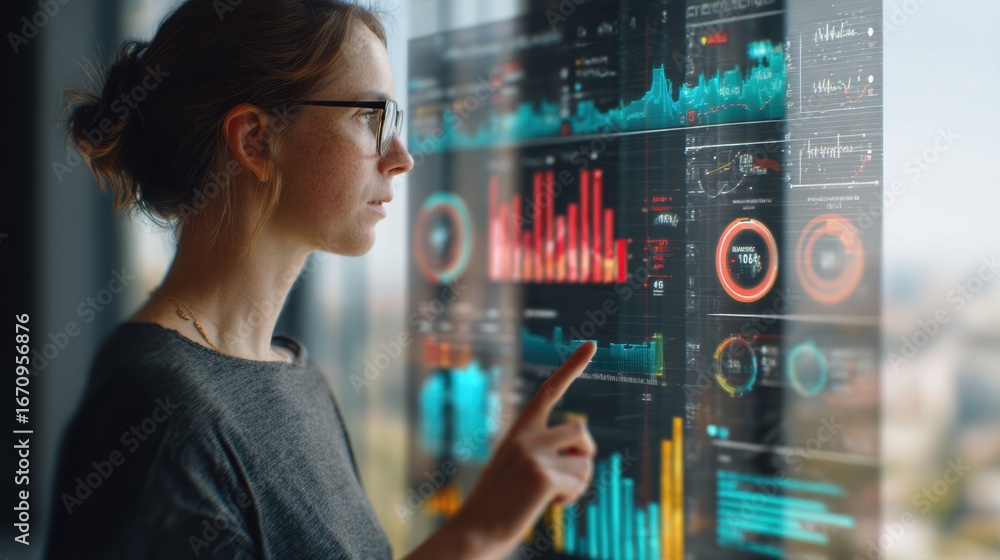 Poster medium shot of a team member interacting with an ai sales analytics interface highlighting predictiv