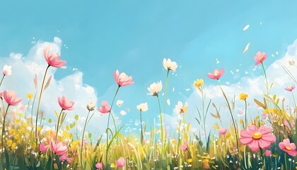 The illustration shows pink and white cosmos flowers blooming in a lush green field against a vibrant blue sky with fluffy white clouds.