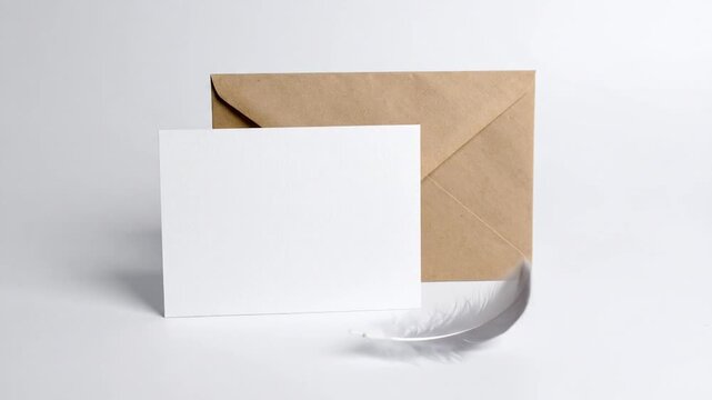 Square White Card with Brown Envelope and Feather on a White Background in Bright Studio Lighting for Craft and Design Mockups