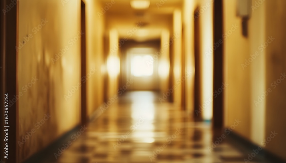 Poster the image shows a blurred view of a long hallway with doors on either side and a bright light source