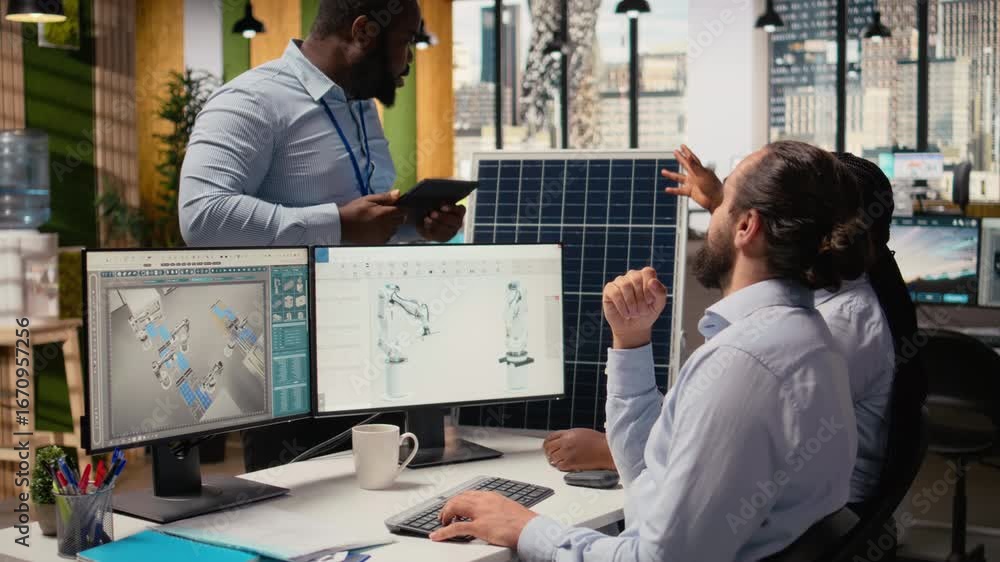 Poster rd department colleagues brainstorming ways to make solar panels production lines more eco friendly.