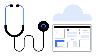 Stethoscope beside a digital dashboard and cloud icon symbolizing healthcare technology. Ideal for medicine, telehealth, data storage, diagnostics, health monitoring, innovation, simple flat metaphor