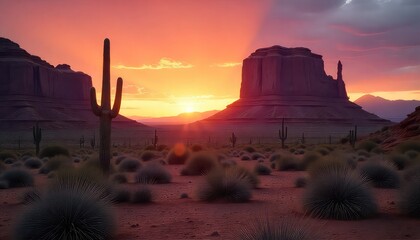 Sunset over monument valley with saguaro cacti and desert scrub in the foreground landscape view