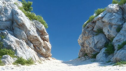 Coastal rocks frame a sandy path. Lush green plants cling to the light gray, rough-textured rock formations.  A bright blue sky dominates the background