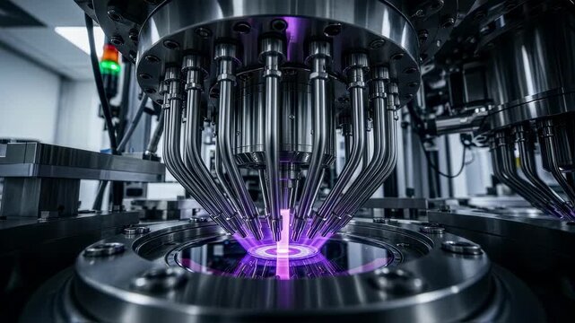 Detailed angle capturing gas injection nozzles and reactor chambers in a galliumnitride MOCVD system for power device production.