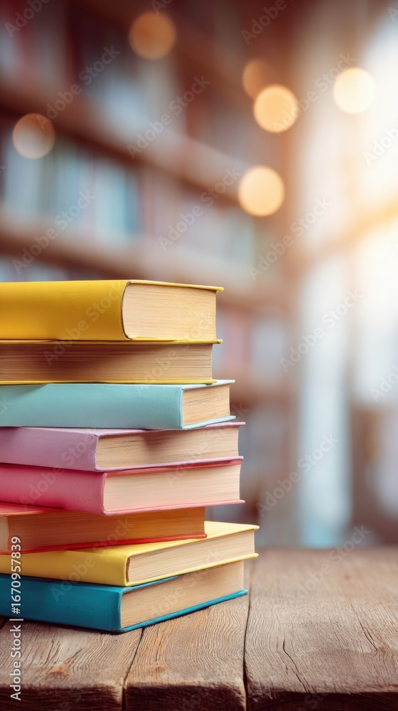 Poster colorful stacked books in a cozy library with warm lighting creating an inviting reading atmosphere