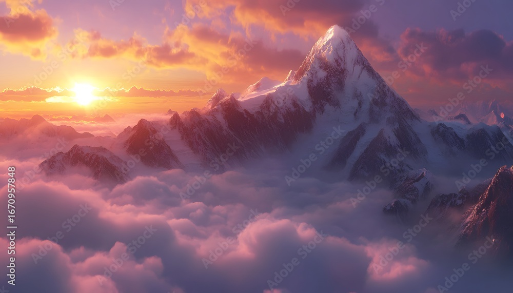 Poster a high-angle view shows a snow covered mountain range with the sun setting behind it, casting warm l