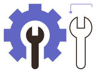 Gear with centered wrench and outlined wrench for innovation, repair. Ideal for technology, engineering, repair, improvement, maintenance, mechanics, and simple flat metaphor