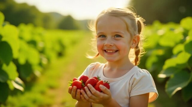 Happy little girl holding fresh strawberries in a sunny strawberry field, smiling widely