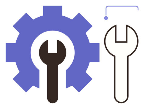 Gear with centered wrench and outlined wrench for innovation, repair. Ideal for technology, engineering, repair, improvement, maintenance, mechanics, and simple flat metaphor