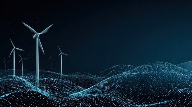 Wind turbines on a hilltop under a dark cloudy sky with rolling hills in the background