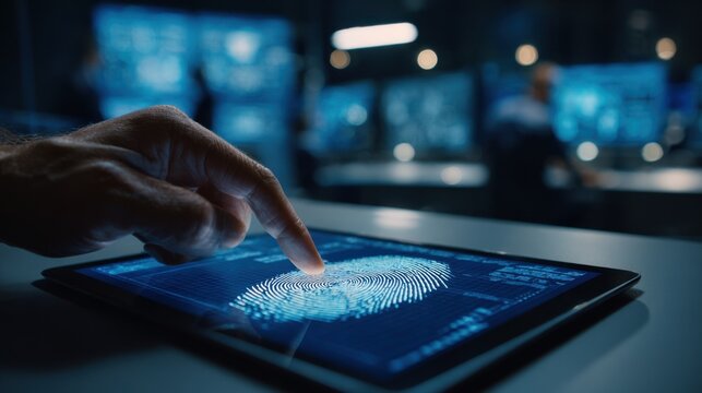 Close medium shot focusing on a digital tablet scanning a fingerprint to issue secure crypto credentials with a softly blurred tactical command center behind.