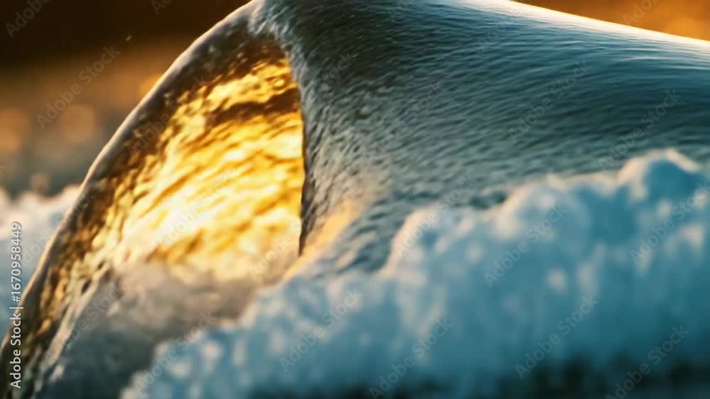 Poster an of a surfer in the ocean during sunset, with the wave's reflection creating a dynamic and vibrant