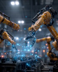 Industrial robotic arms assembling products with glowing holographic overlay