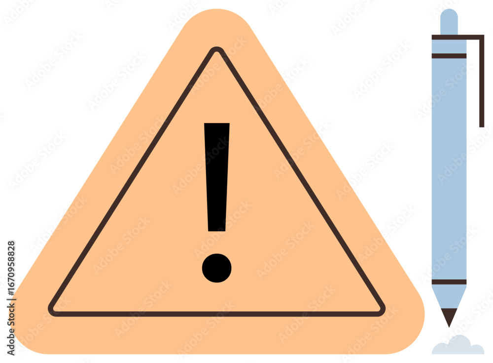 Poster bold triangular caution sign with exclamation mark next to a pen. ideal for warning, instruction, ed