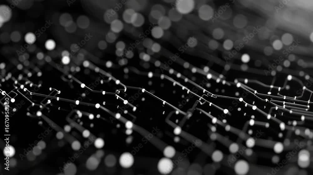 Poster close-up of electronic chip with intricate circuitry under a microscope.
