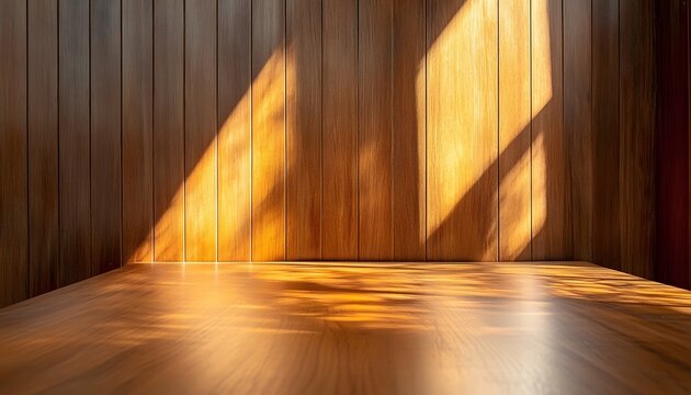 A polished wooden table sits in front of a wall made of vertical wooden planks, both surfaces illuminated by sunlight streaming through a window.