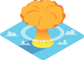 Isometric Cartoon Nuclear Explosion Illustration: Bright Orange, Blue Water, Flat Design Style