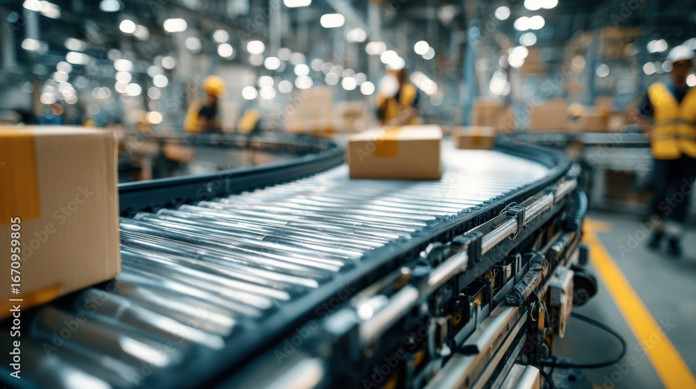 Poster medium shot of a conveyor system transporting packages efficiently with the robotic components in sh
