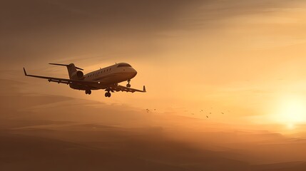 A sleek private jet soars through a warm, hazy sunset, evoking a sense of freedom and aspiration, rendered in a stylized, illustrative technique with soft gradients.
