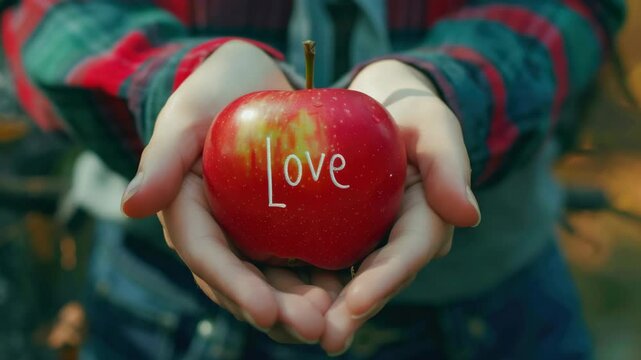 Hand holding apple with love written on it.