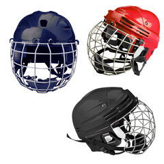 Naklejka premium Ice hockey helmets with protective cage in red, blue, and black, winter sports safety equipment isolated on transparent background