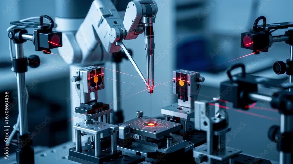 Poster robotic surgical tool on a calibration rig with laser measurement devices highlighting the highpreci